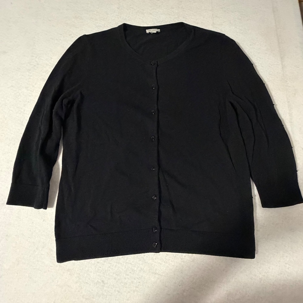 Talbots Womens Black Cotton Swiss Dot Textured Button Front Cardigan Size L